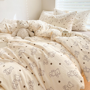 2024 New Class A Double-layer Yarn Washed Cotton and Linen Tea Extract Cotton Four-piece Set (College Style Cartoon Series)