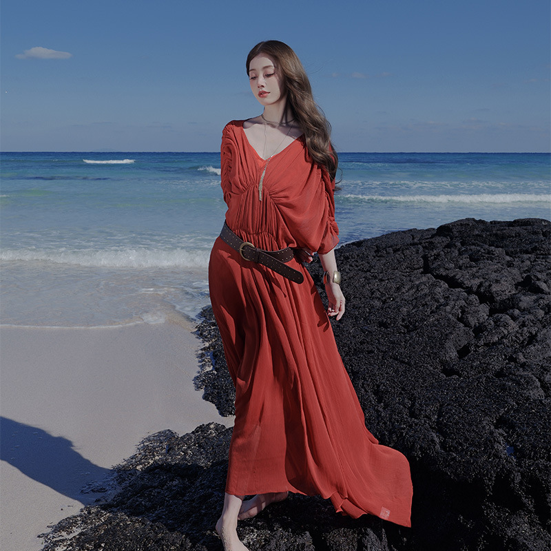 Mousse Goddess Bat Sleeve Dress with Pleated Artistic Feel for Exhibitions, Birthday Toasts, and Vacation Beach Dresses