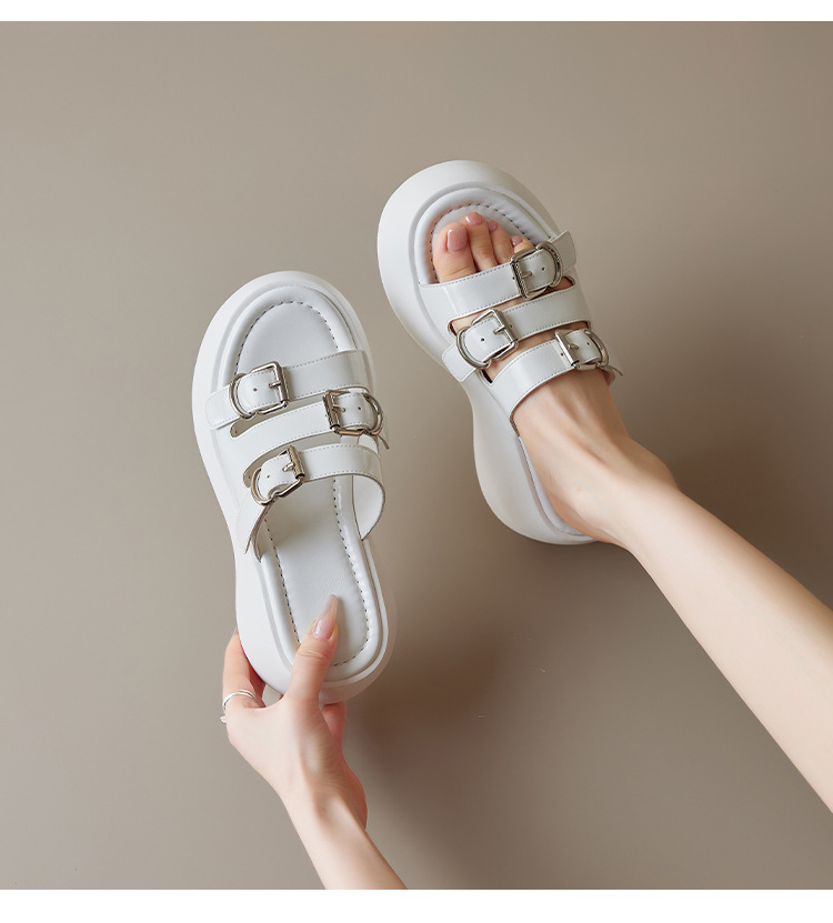 Dép sandal nữ quai chữ V đế dày 8cm, khóa thắt lưng, phong cách thời trang đi biển mùa hè — Màu đen, Màu trắng chi tiết 14