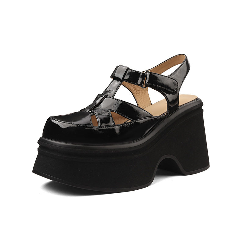 Sandal cao gót nữ 10 cm quai ngang mũi hở đế platform da bóng — Màu đen, Màu trắng be