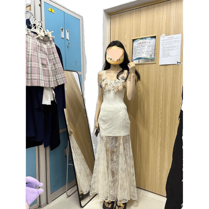 フレンチビーチリゾートスタイル立体フラワーサスペンダードレス夏の新しいウエスト痩身メッシュロングスカート女性用|undefined