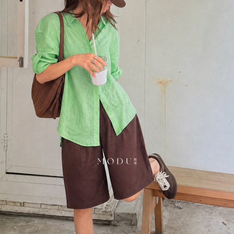 Summer Women's Lightweight 100% Linen Fruit Green Long-Sleeve Drop-Shoulder Shirt Loose Casual Simple 6362