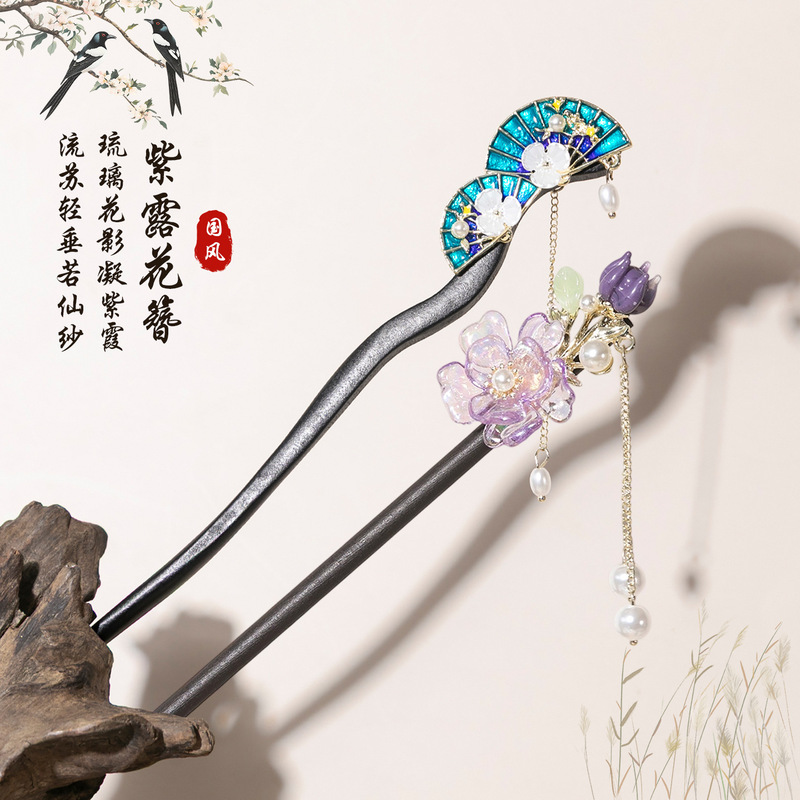 古风扇形流苏发簪仿黑檀木簪盘头发汉服配饰新中式发钗饰品批发女|undefined