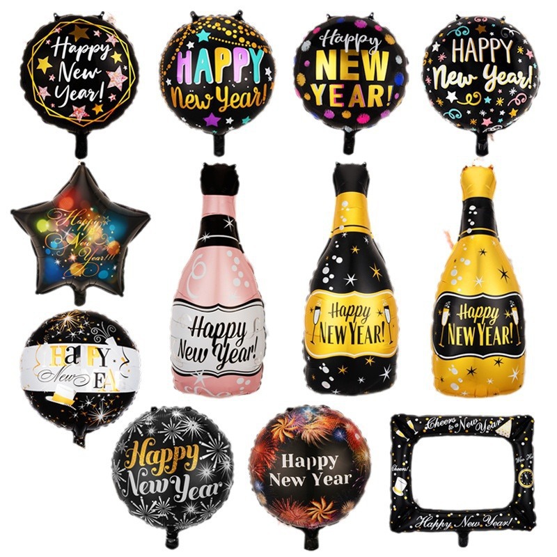 Decoración de fondo de Año Nuevo, globos de aluminio, marco de fotos con botella de FELIZ AÑO NUEVO, decoración de fiesta, arreglo de globos