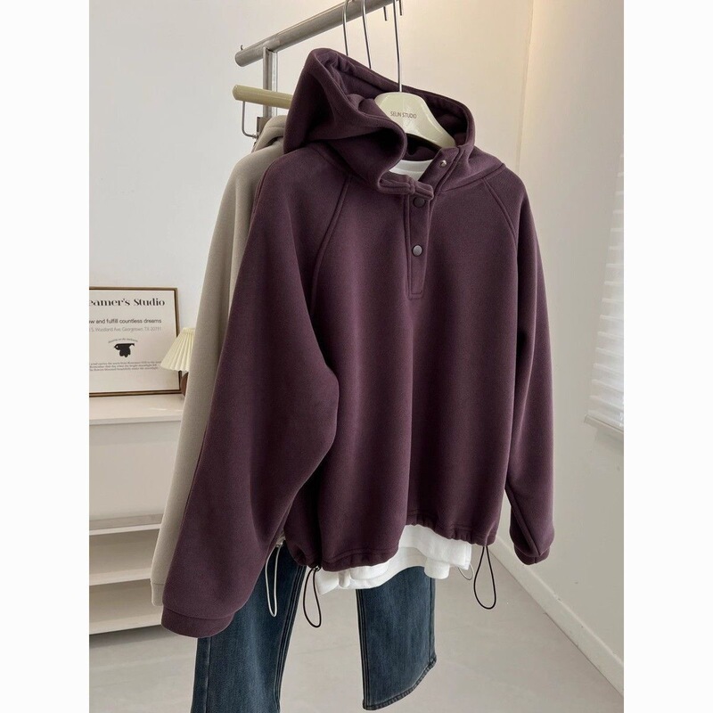 Korean-style BF neutral style solid color hooded pullover sweatshirt for women, fleece-lined, thick, loose, casual hoodie for autumn and winter students Korean-style BF neutral style solid color hooded pullover sweatshirt for women, fleece-lined, thick, loose, casual hoodie for autumn and winter students