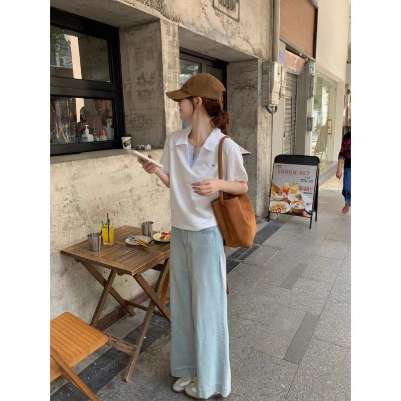 韓国シックでシックなデザインの右肩半袖ポロシャツTシャツレディース夏小柄ショートラペルトップ|undefined