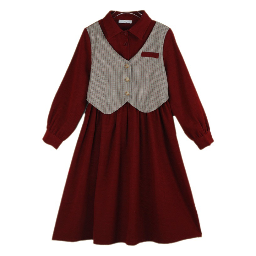 Estilo coreano falso chaleco a cuadros de dos piezas para niñas Vestido de manga larga estilo preppy Otoño e Invierno mono de color de contraste de solapa roja para niñas