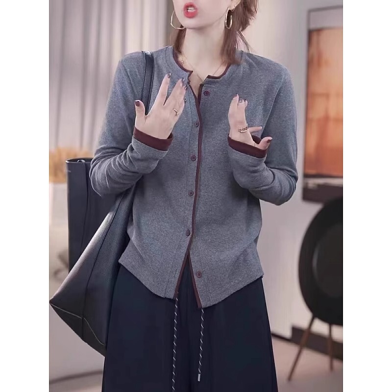ファッション長袖tシャツ女性春新作ボタンステッチカーディガン上着ファッションゆるい着痩せ大きいサイズショートコート|undefined