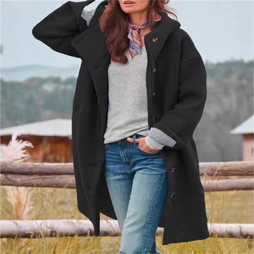 Hot-selling Autumn Women's Long-Sleeve Lapel Coat in Europe and America—Casual, Loose-Fit, with a Hood and Made of Wool Felt