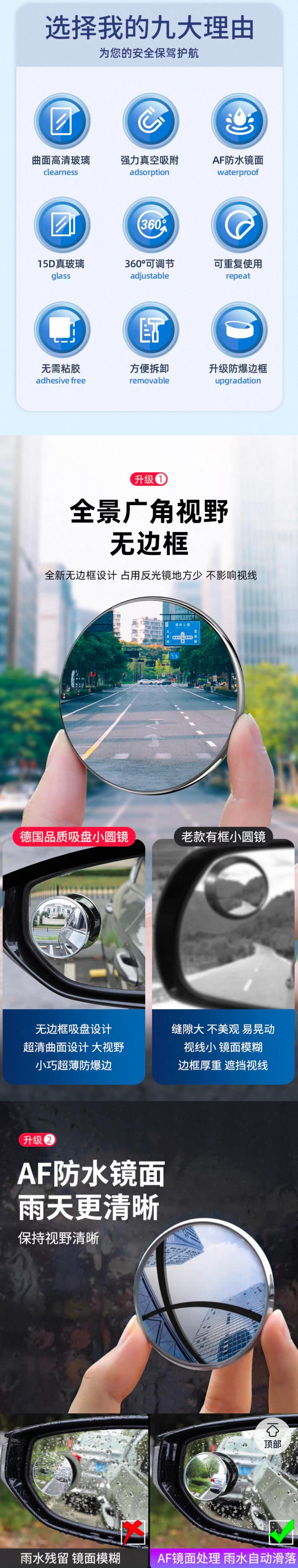 Car rearview mirror blind spot auxiliary mirror, ultra-clear 360-degree panoramic wide-angle suction cup type