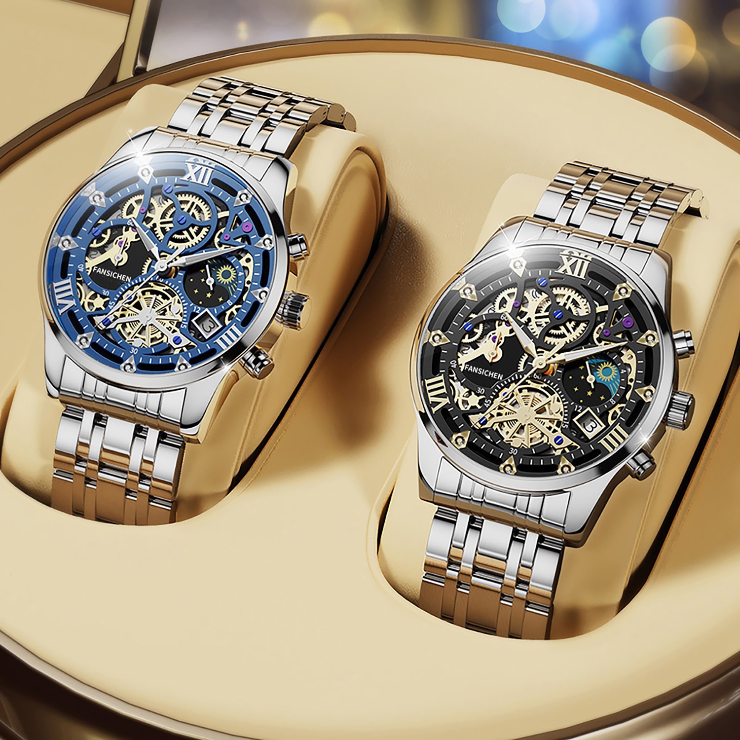 跨境爆款时尚多功能石英表商务三眼皮带防水男表夜光男士手表批发