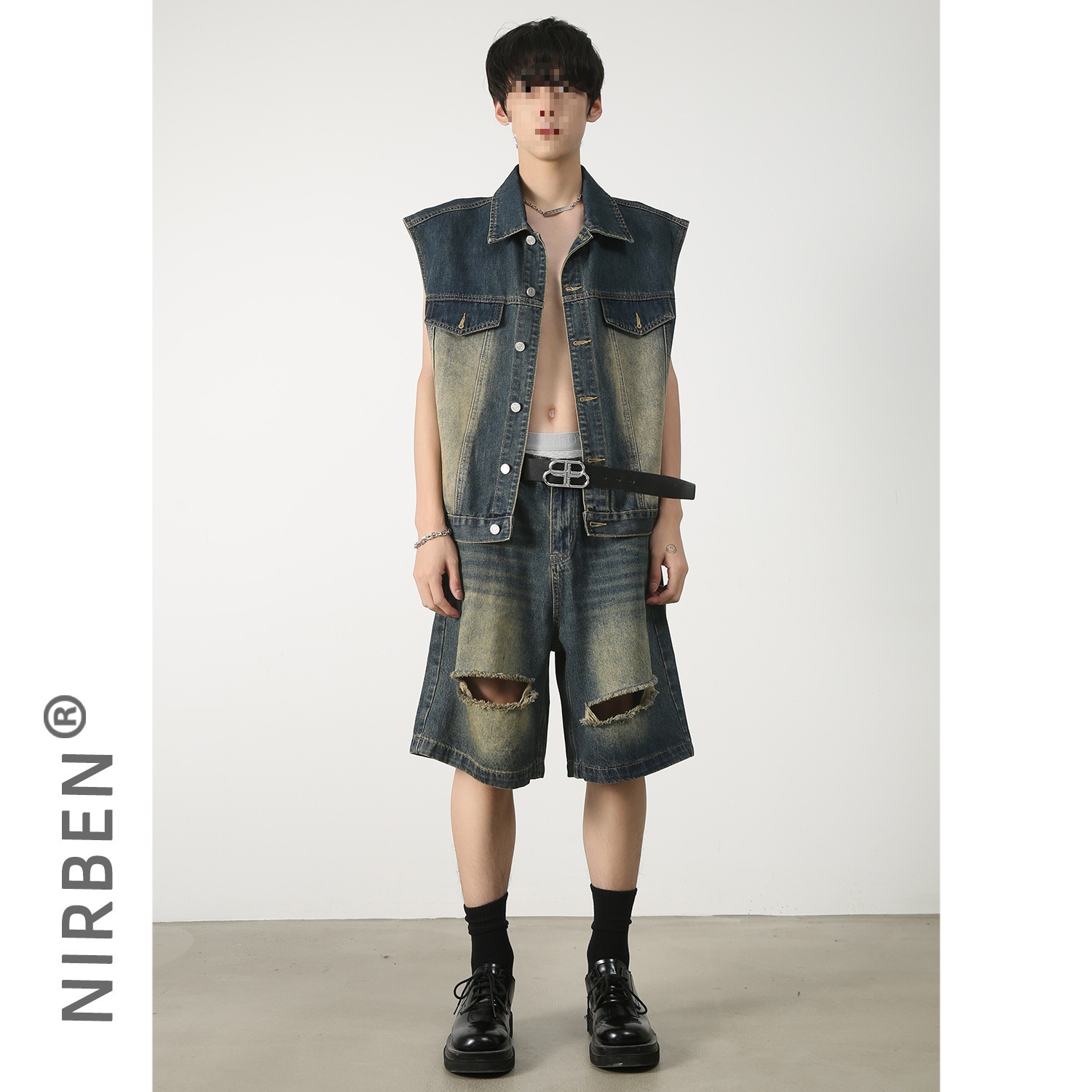 Nirben denim | traje de pantalones cortos de chaleco de mezclilla traje masculino de moda nicho suelto coreano casual sin mangas de dos piezas