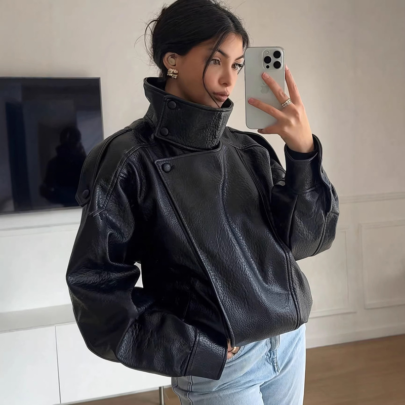 Cross-Border European Size New Women's Leather Jacket Coat Autumn and Winter Loose Motorcycle Jacket European and American Fashion Trend Pu Jacket Cross-Border European Size New Women's Leather Jacket Coat Autumn and Winter Loose Motorcycle Jacket European and American Fashion Trend Pu Jacket