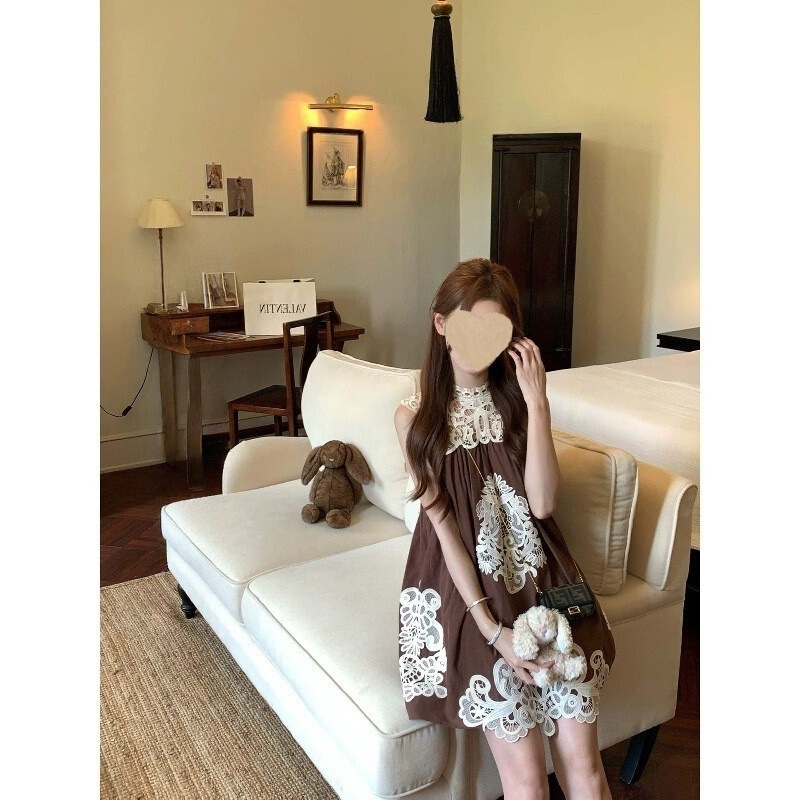 Coolline Lin Zixi's Midsummer Romance Stunning Tea Break Series Two-Color Heavy Lace Patchwork Dress