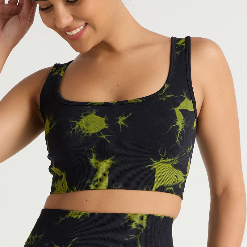 Nuevo traje de yoga de secado rápido de cadera deportivo de cintura alta sin costuras europeo y americano de tres piezas pantalones de yoga de teñido ajustado para mujer