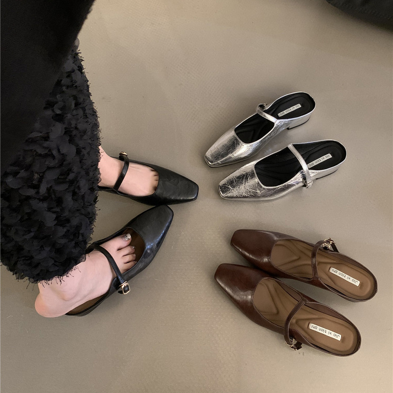 Design sense silver Mary Jane half slippers outer wear French single shoes silver shoes spring and summer chunky heel high heels women's shoes