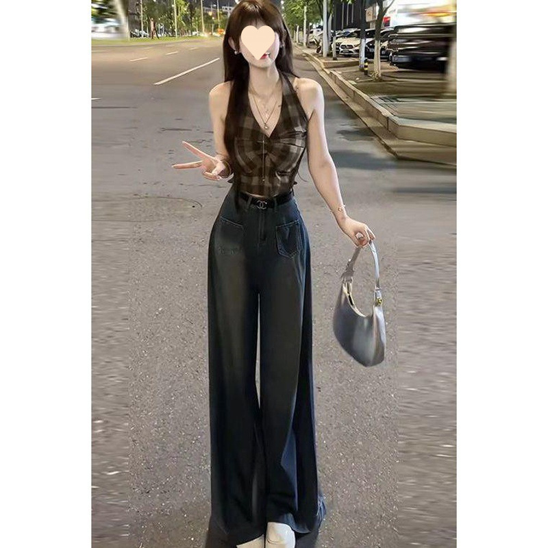 Internet Celebrity Style French Plaid Halter Neck Crop Top + High-Waisted Slimming Denim Wide-Leg Pants Set