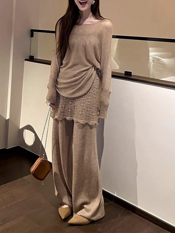 小香风气质穿搭一整套女秋装搭配蕾丝镂空针织衫上衣裤子两件套装|undefined