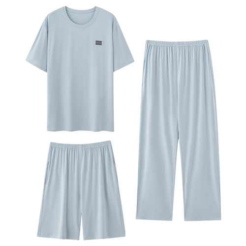 Men's pajamas thin spring and summer modal short-sleeved trousers three-piece casual loose large size home wear set