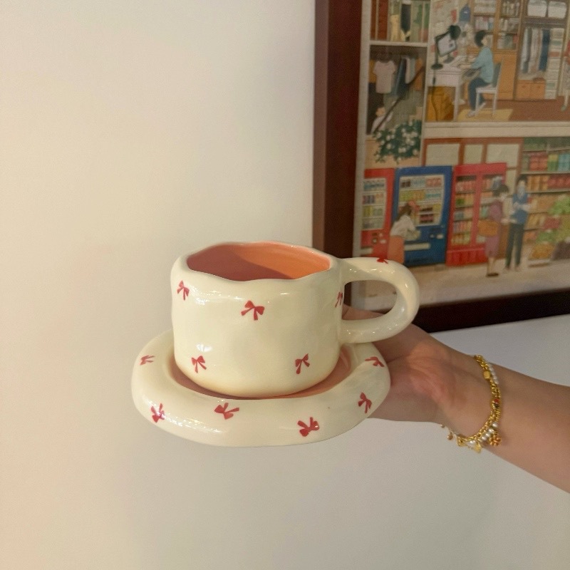Estilo coreano, lazo pintado a mano, taza de café de cerámica, plato, taza y plato de alto valor, té de la tarde, plato de postre