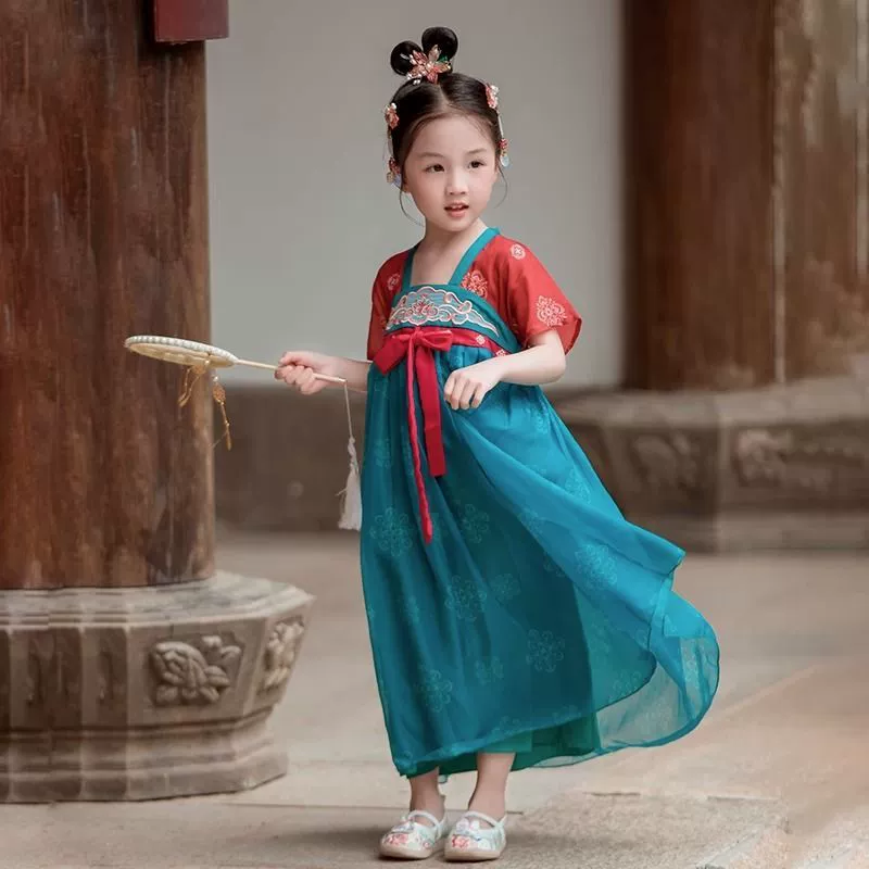 Ханфу для девочек, весенне-летний стиль, детское сказочное древнее платье, традиционный китайский костюм Тан, наряд для выступления маленькой девочки.