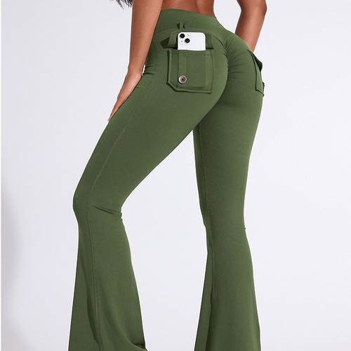 Yoga Pants High-Waisted Bell Bottom Work Pocket Pants for Women, Buttock Lifting, Body Shaping, Abdominal Exercise, Sports Long Pants for Women