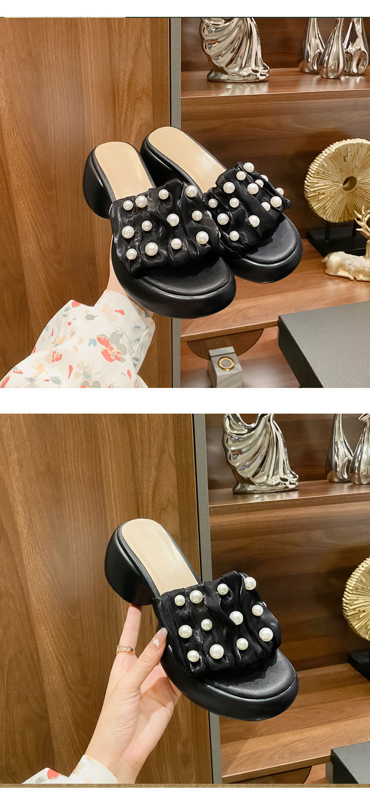 Dép sandal nữ quai chữ V đính ngọc trai, đế xuồng cao gót 9 cm — màu đen, màu trắng ngà chi tiết 5
