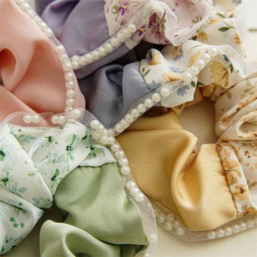 Summer sweet color-blocked floral fabric satin large intestine hair tie hair accessory for women's back ponytail rubber band hair rope