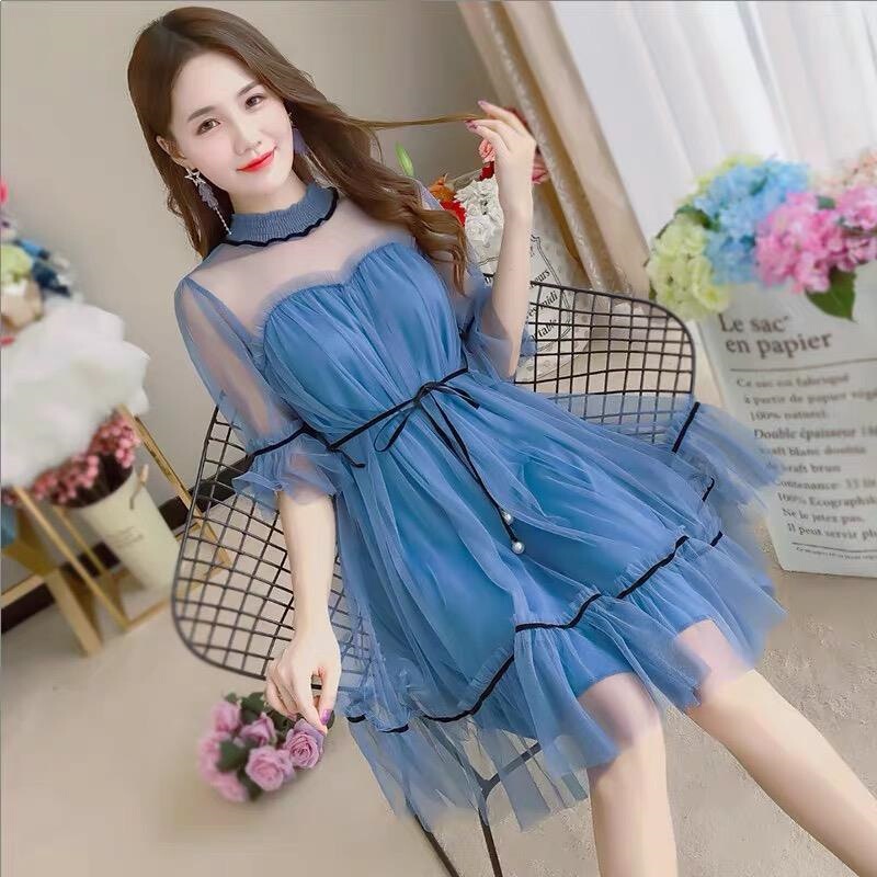 Free Waist Rope Mesh Dress 2026 Spring/Summer New Style Fairy-Like Sweet Waist-Cinching Fresh Fairy Dress Mid-Length for Women Free Waist Rope Mesh Dress 2026 Spring/Summer New Style Fairy-Like Sweet Waist-Cinching Fresh Fairy Dress Mid-Length for Women