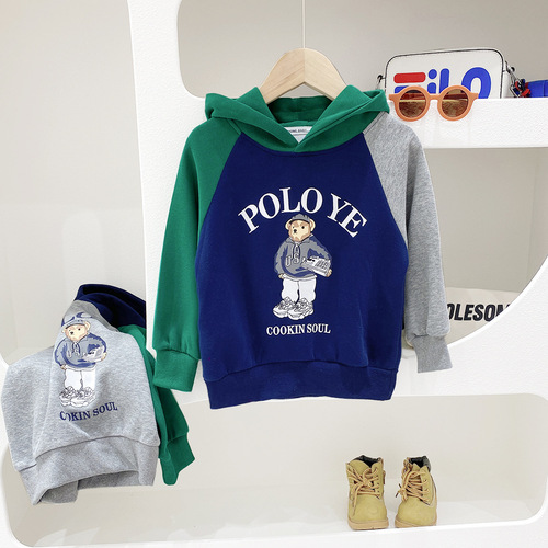 Children's sweatshirt spring 2024 Korean style boys color block pullover hooded tops for big children spring and autumn cartoon children's clothing trend