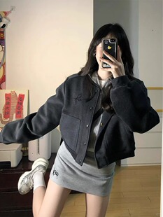 Autumn woolen short baseball uniform, shoulder jacket, Korean style early autumn outfit for women, thickened jacket for little men