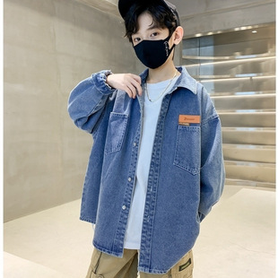Boys' Jacket Denim Shirt Spring and Autumn New Style for Older Children, Stylish Shirt for Teenagers, Denim Shirt Jacket