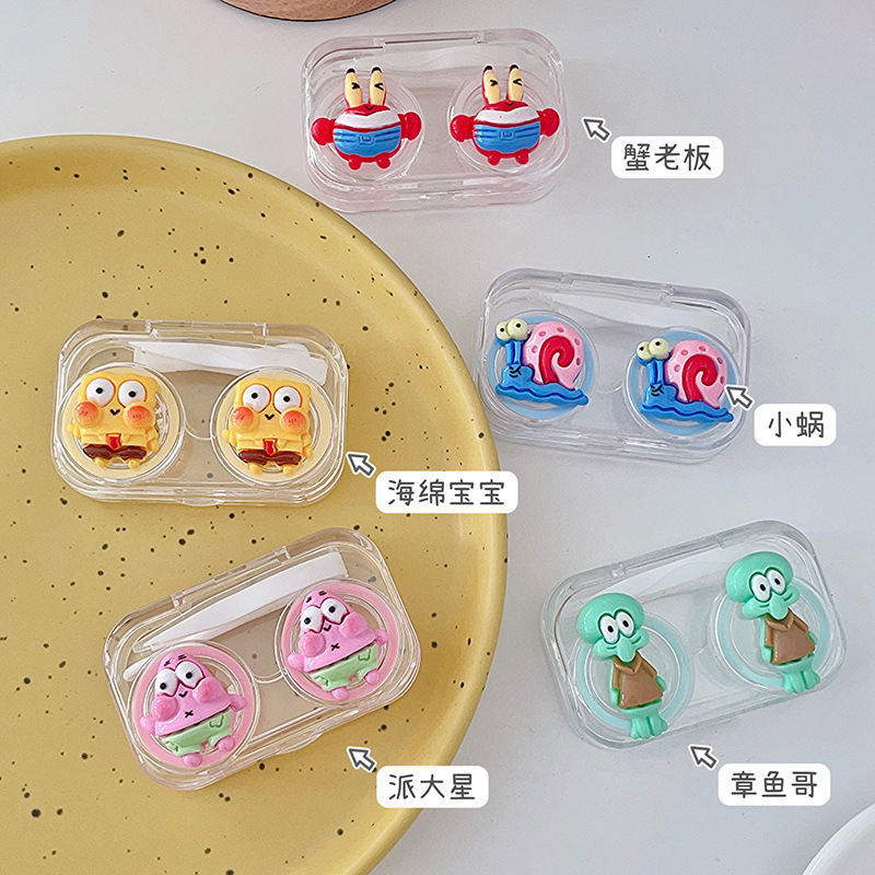 Beautiful pupil box without twist lid cute cartoon contact lens companion box small transparent portable double box