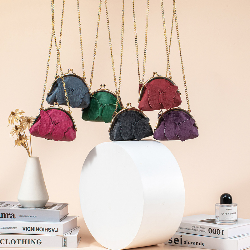 First-Layer Cowhide Creative Women's Chain Bag New Coin Storage Bag Cross-Border Butterfly Hand-Held Clip Coin Purse