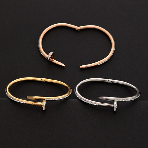 Minimalist Diamond-Encrusted Titanium Steel Cuff Bracelet with Open Clasp, Fashionable Women's Jewelry for Cross-Border Fashion, Non-Fading and Versatile