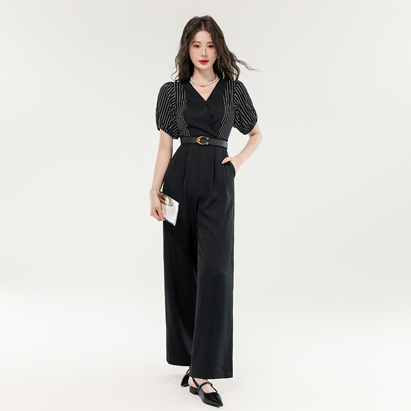 十三行品质 高级感连体裤减龄显瘦雪纺条纹拼接连体衣阔腿裤5828