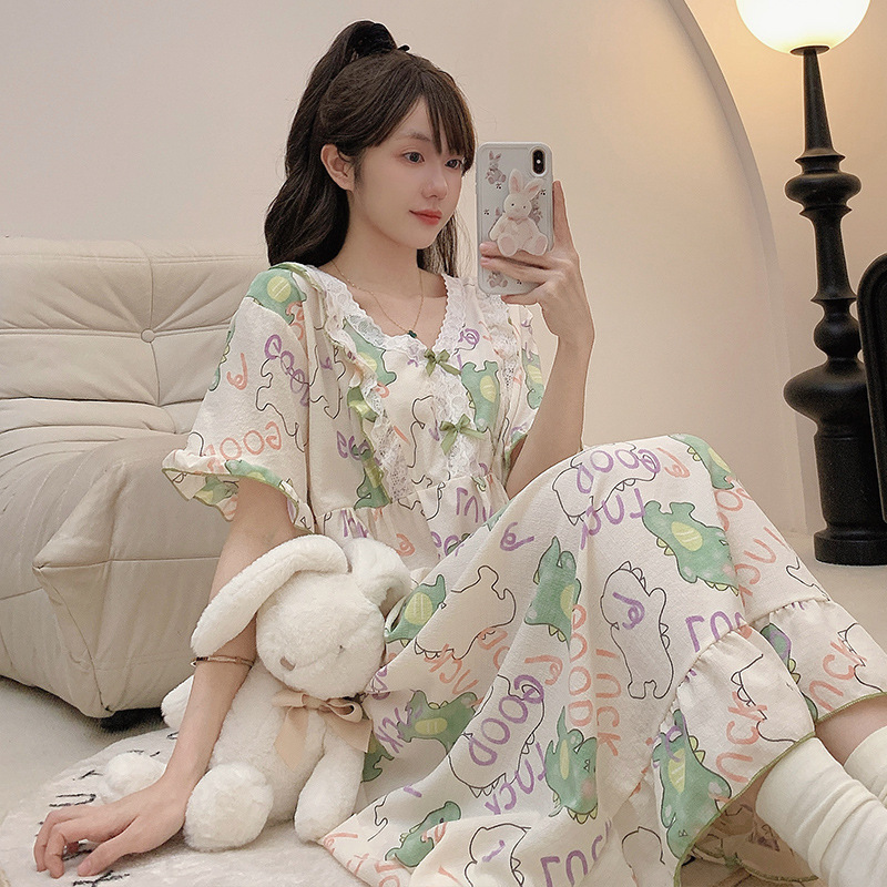 Chubby Sister 50.00 kg-150.00 kg Oversize Exlongation Nightgown Summer Thin Short-Sleeved Pajamas Loose Home Clothes Ins Trendy