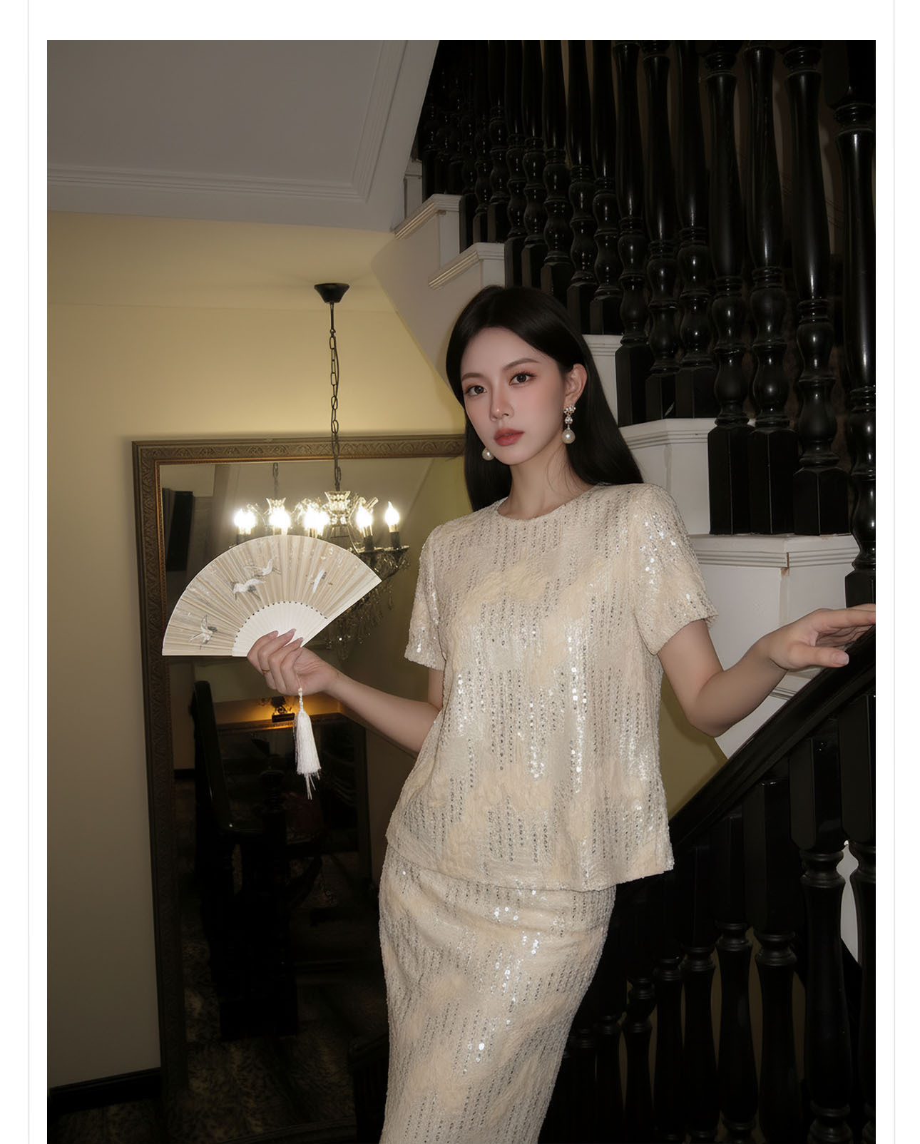 Áo sơ mi nữ dài tay phong cách Trung Hoa đính sequin cao cấp xuân hè — Áo sơ mi màu mơ, Váy nửa màu hạnh nhân chi tiết 5