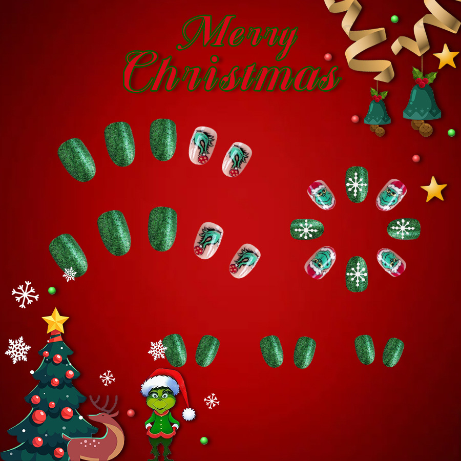 Kurze helle ovale Rüstung Europa und die Vereinigten Staaten grenzüberschreitender Außenhandel 2024 neue Weihnachtsglitzer-Grinch-Rüstung 24-teilig_voghion.com