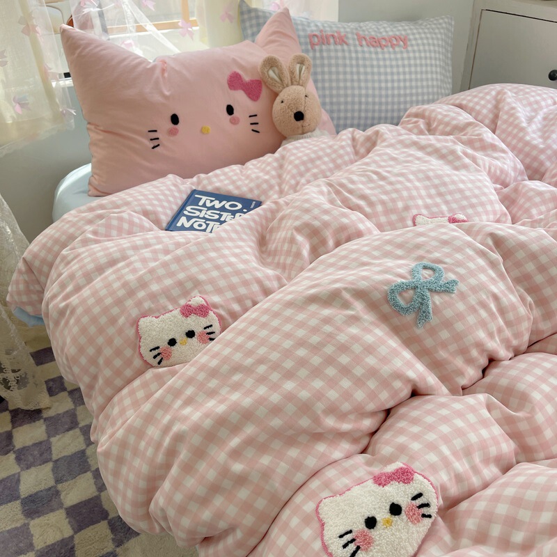 かわいいハローキティベッド4点セット ウォッシュドコットン掛け布団カバーシーツ 学生寮3点セット 0.9ベッド|undefined