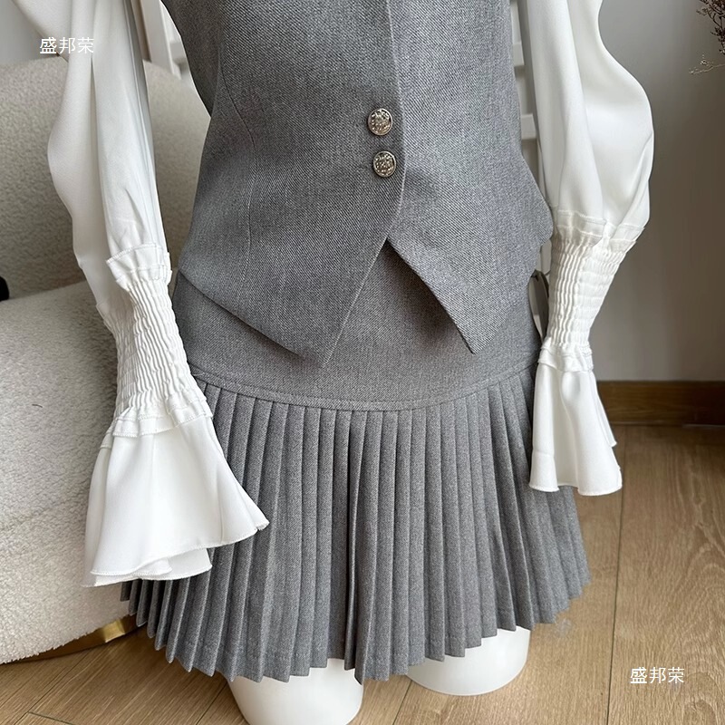 Duolamei スクールガール カレッジスタイル トレンド ベスト ジャケット レディース プリーツスカート 2点セット 秋服一式|undefined