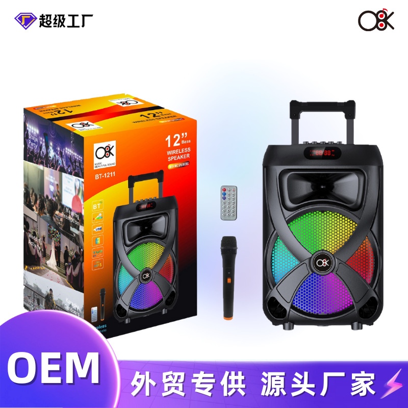 BT-1211 factory export outdoor trolley speaker karaoke wireless microphone 12-inch Bluetooth speaker