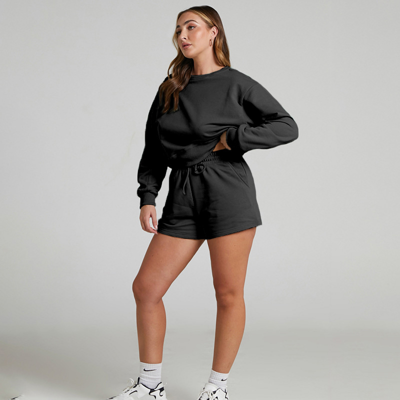 Solid Color Long Sleeve Sweaters Women Clothing Short Two-Piece Casual Shorts Suit