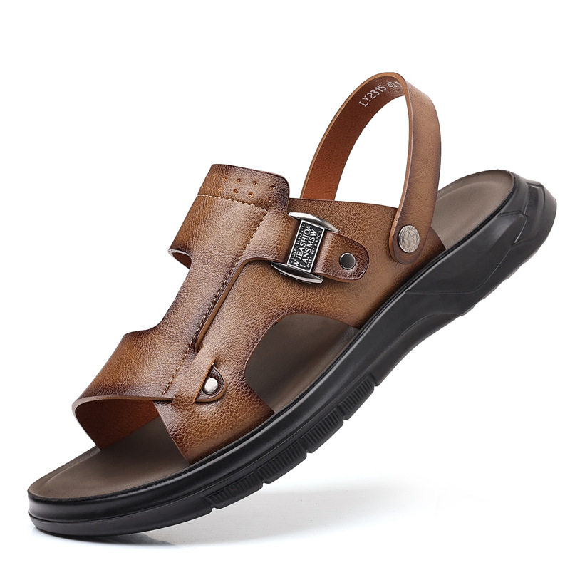 Dép sandal nam đế dày gót thấp 1–3 cm, mũi tròn hở ngón, thoáng khí, đi biển và đi chơi hằng ngày — Màu kaki, Màu nâu, màu xám