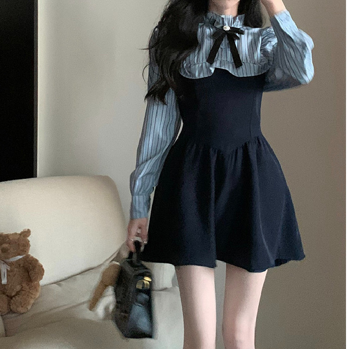 Rich family daughter fake two-piece shirt dress long-sleeved waist slimming girl's tutu skirt high-end sense small person autumn