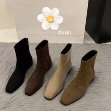 35-42码 大码女鞋高级感复古洋气小短靴女单靴粗跟瘦瘦靴绒面靴子