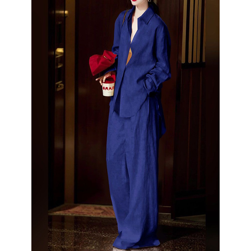 Navy Blue Two Piece Set For Women Summer Cool And Stylish Outfit Relaxed Fit Fashionable Shirt Wide Leg Pants_ecoleips.com