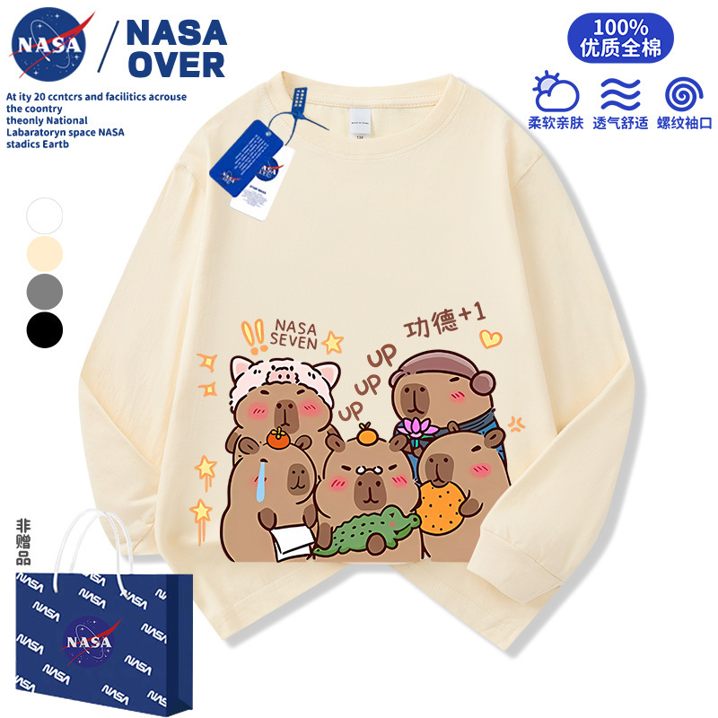 NASA卡皮巴拉可爱长袖t恤男女中大童装卡通小水豚打底衫早秋上衣|undefined
