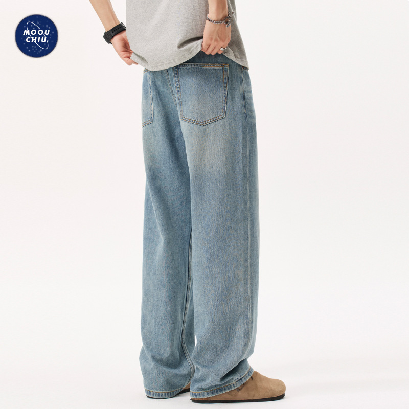 Muqiu Clothing | 2025 Summer Thin Cool Ice Silk Jeans Men's American Style Loose Straight Washed Long Pants_mkmklike.com