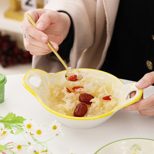 Hand-painted Relief Ceramic Cute Home Salad Bowl High-End Dessert Bowl Two-Ear Fruit Bowl Breakfast Oatmeal Bowl